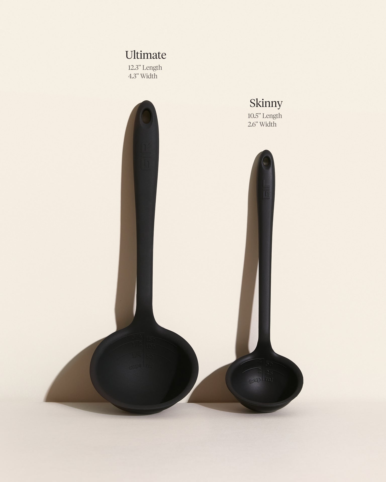 The GIR Ultimate & Skinny Ladle with dimensions on a grey background. 