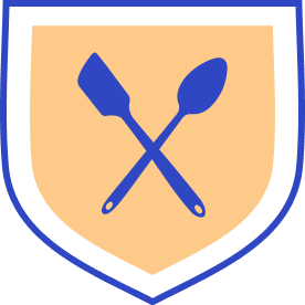 A shield with a spatula and a spoon representing durable material. 