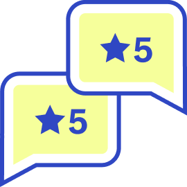 Illustration of 2 Speech bubbles with 5 stars on them representing 5 - star reviews. 