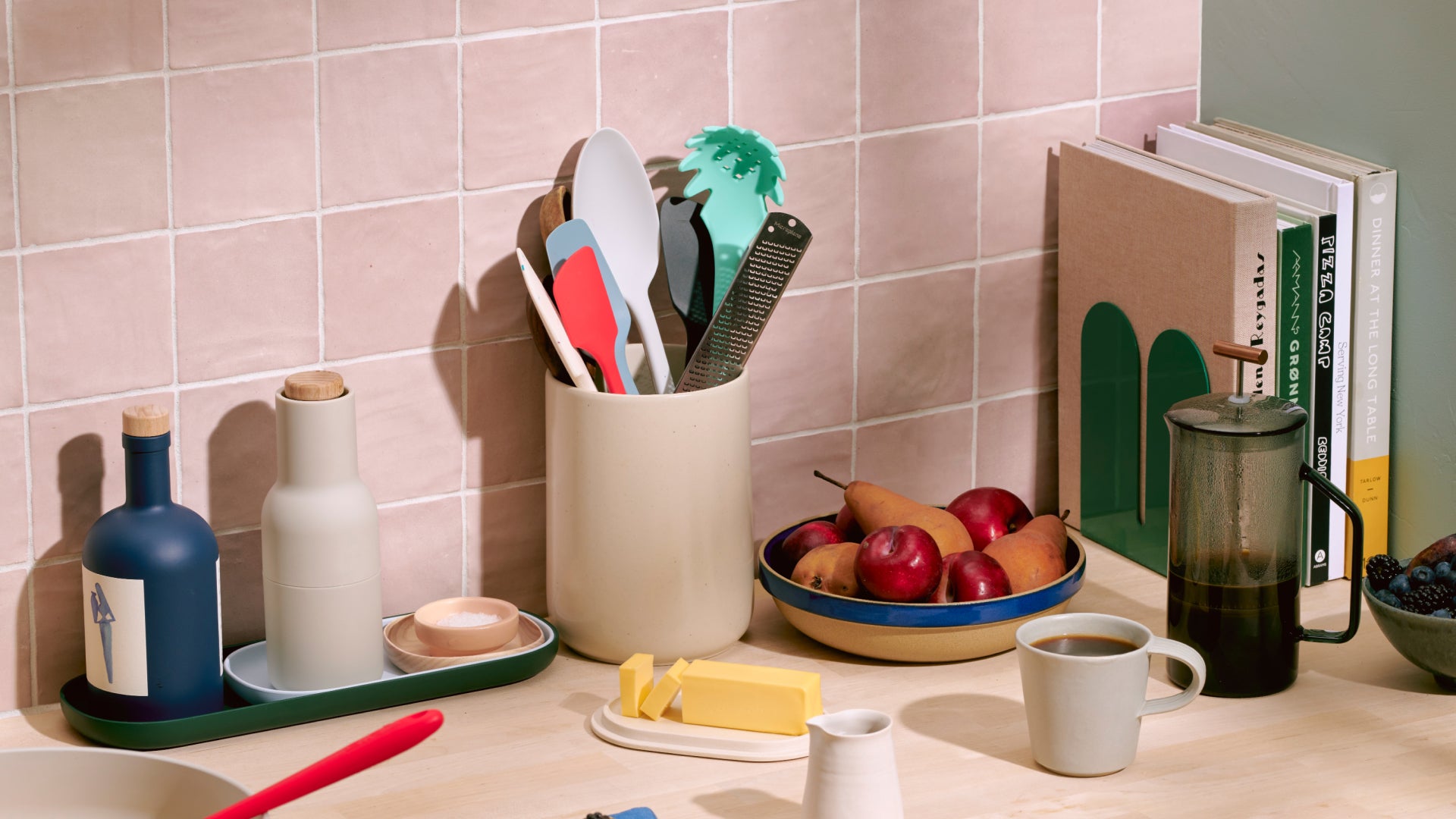 A kitchen counter with various Pattern Brands products.